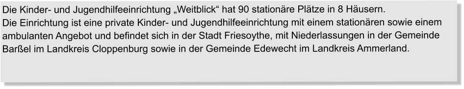 Die Kinder- und Jugendhilfeeinrichtung „Weitblick“ hat 90 stationäre Plätze in 8 Häusern.                     Die Einrichtung ist eine private Kinder- und Jugendhilfeeinrichtung mit einem stationären sowie einem ambulanten Angebot und befindet sich in der Stadt Friesoythe, mit Niederlassungen in der Gemeinde Barßel im Landkreis Cloppenburg sowie in der Gemeinde Edewecht im Landkreis Ammerland.
